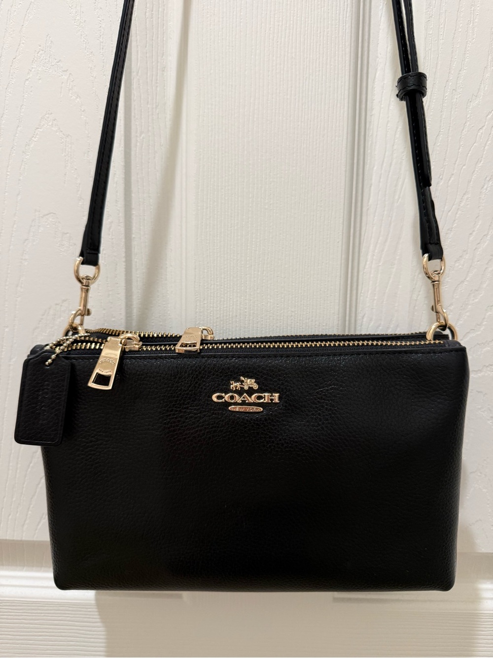 Coach Black Pebbled Leather Double Zip Crossbody Bag Gold Hardware